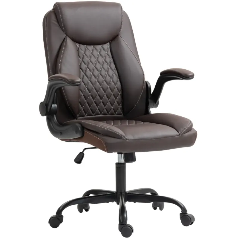 Brown Faux Leather Office Chair with Flip-Up Armrests