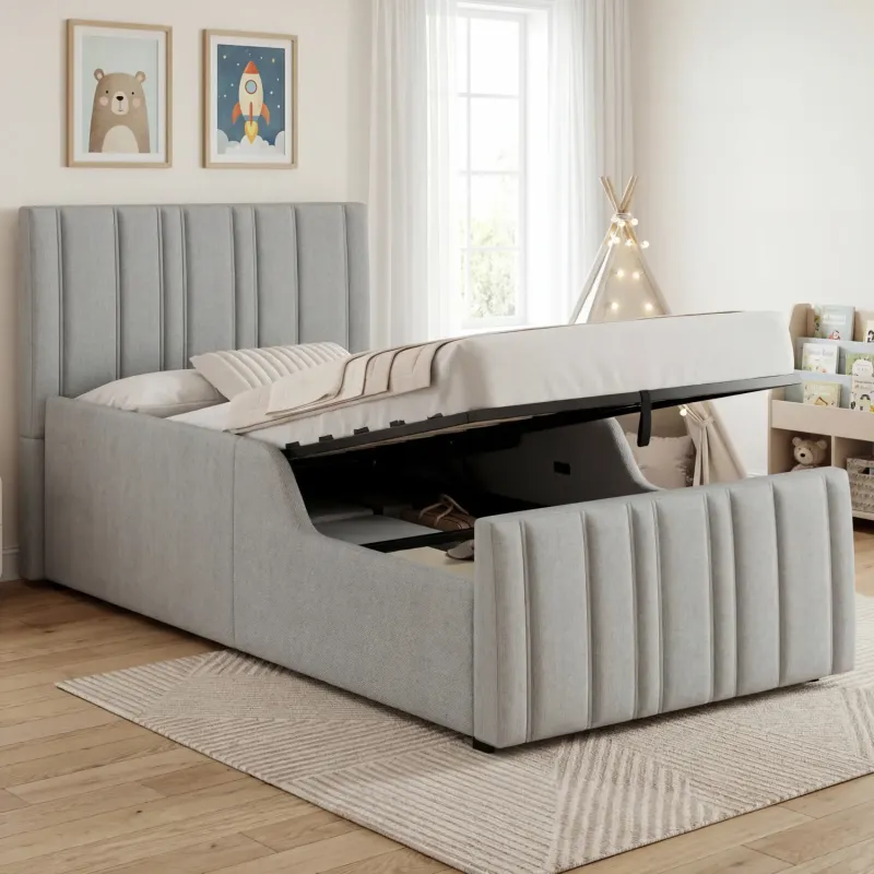 3ft Single Upholstered Ottoman Bed with Padded Side Rails in Grey Linen