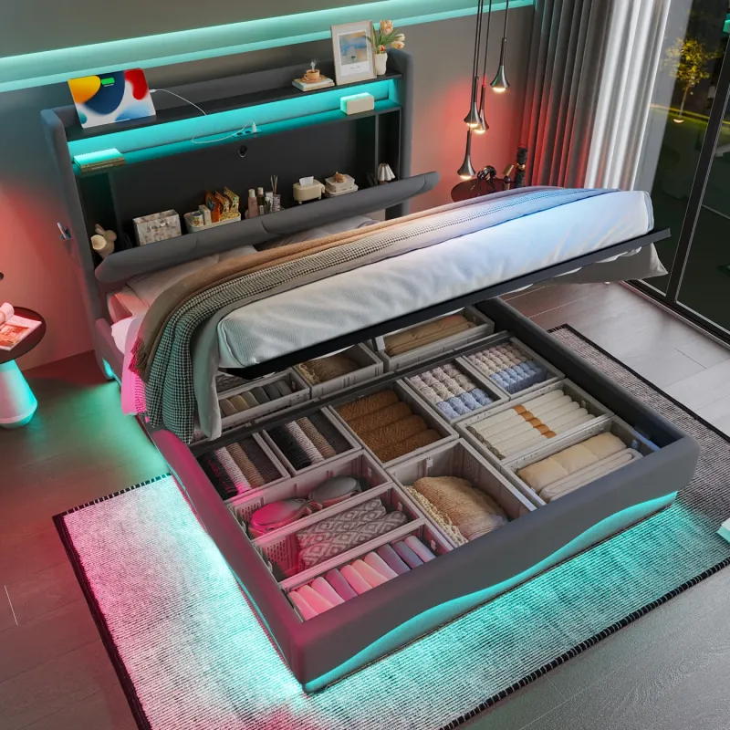 150 x 200cm Modern Ottoman Storage Bed with LED Headboard and USB Ports – Grey Velvet