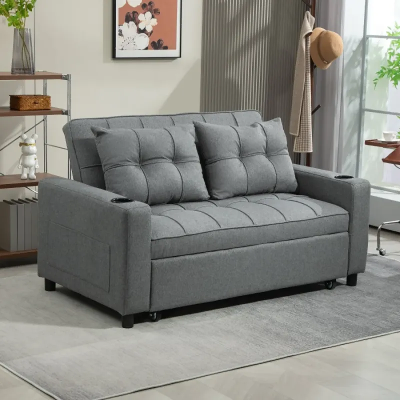 2-Seater Pull-Out Sofa Bed with Cup Holders and Storage Pockets - Charcoal Grey