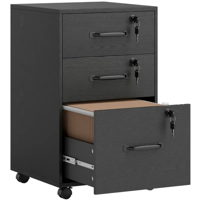  3-Drawer Lockable Filing Cabinet with Wheels - Black Wood Effect