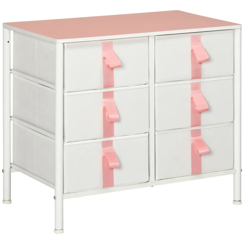 6 Drawer Fabric Chest of Drawers with Metal Frame - Pink