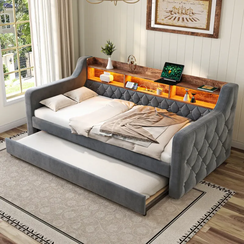 Velvet Sofa Bed, 90x190 cm, in Grey, with LED, USB-C & Storage