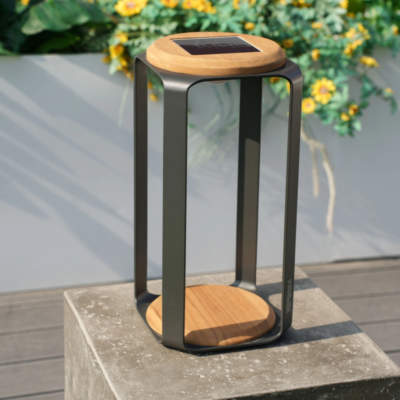 Arve Large Solar LED Garden Lantern in Charcoal Grey & FSC Teak - 43cm
