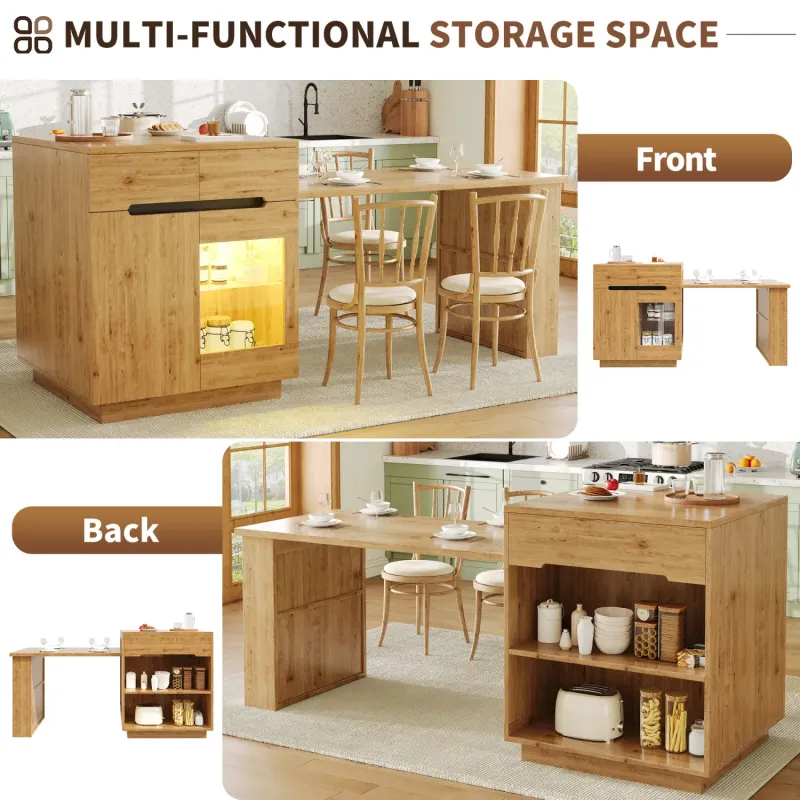 Kitchen Island with Extendable Dining Table and LED Lighting – Oak Effect