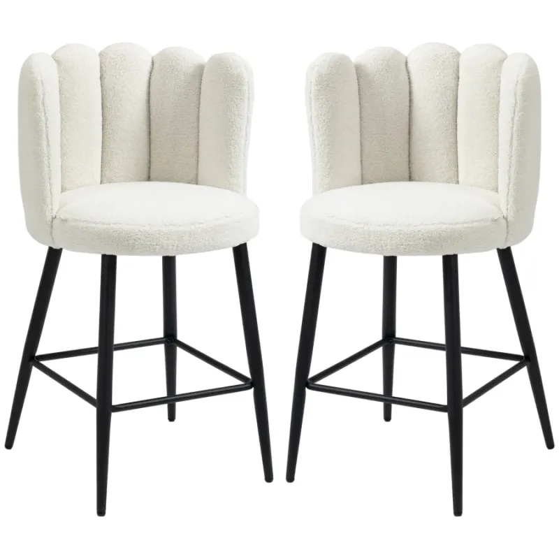 Bar Stools, Set of 2, Faux Cashmere in Cream with Flower-Shaped Backrest