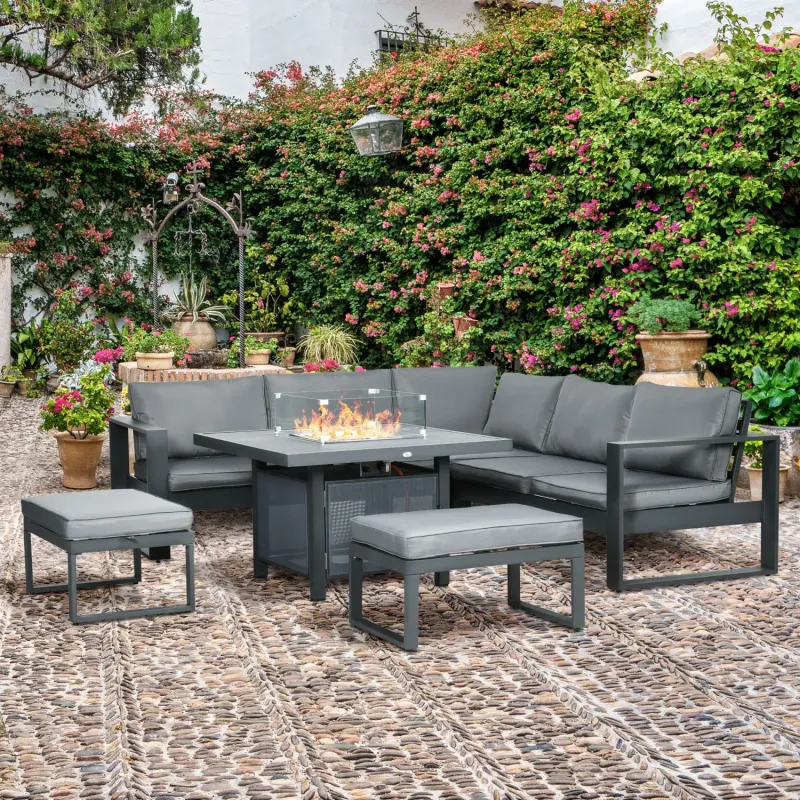  6-Piece Aluminium Garden Corner Sofa Set with Fire Pit Table - Grey