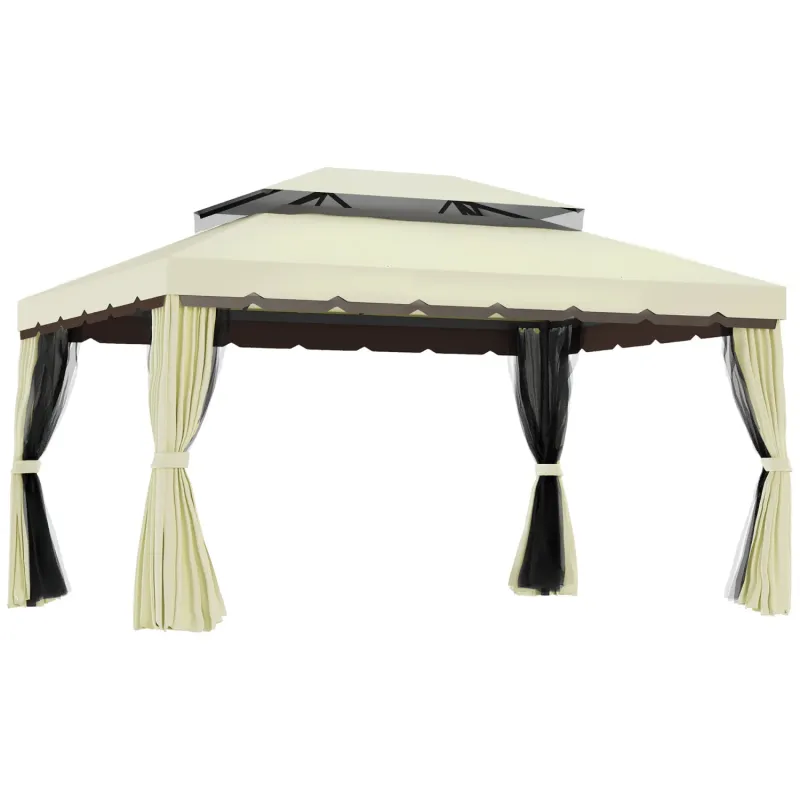  4m x 3m Aluminium Garden Gazebo with Double Roof, Netting & Curtains - Cream