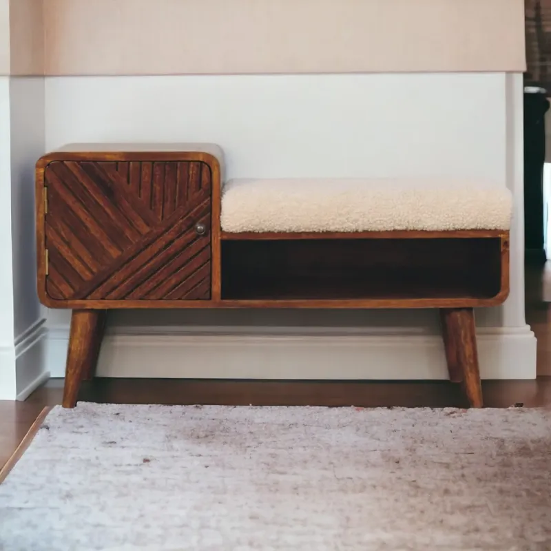 Chestnut Solid Wood Telephone Table with Boucle Upholstered Seat