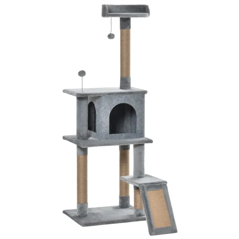 142cm Multi-Level Cat Tree with Condo and Jute Scratching Posts - Grey