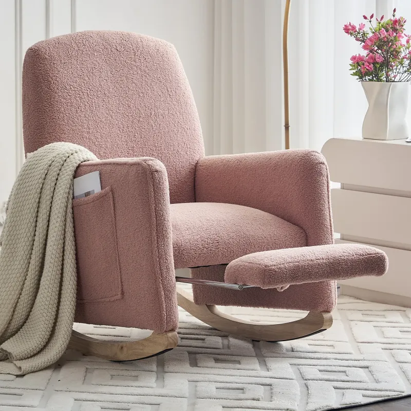 Teddy Fabric Rocking Chair with Pull-Out Footrest - Pink