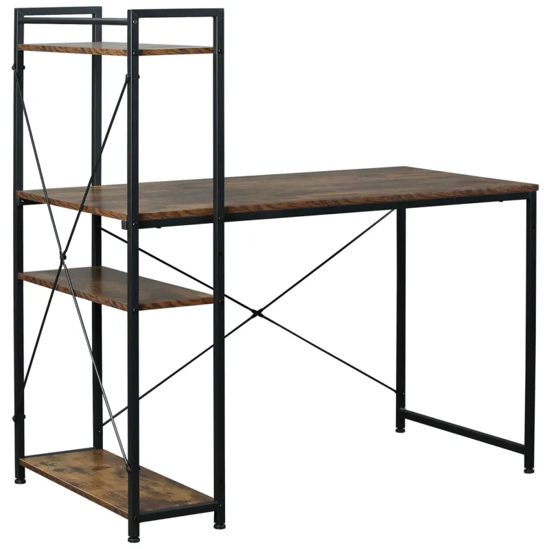 Rustic Brown Computer Desk with 4-Tier Bookshelf