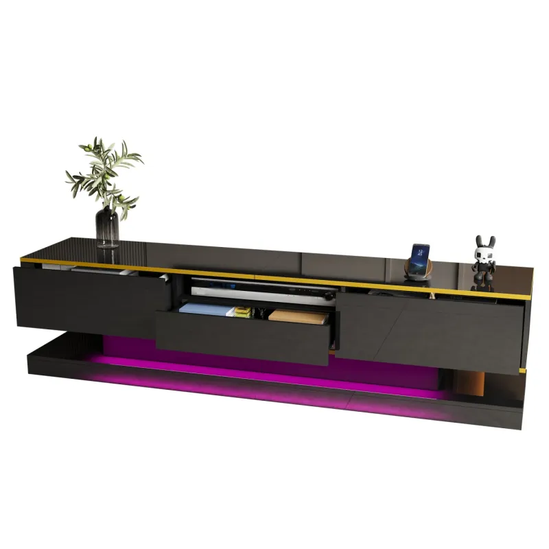 High Gloss TV Unit, 180cm, in Black, with 3 Drawers and LED Lights