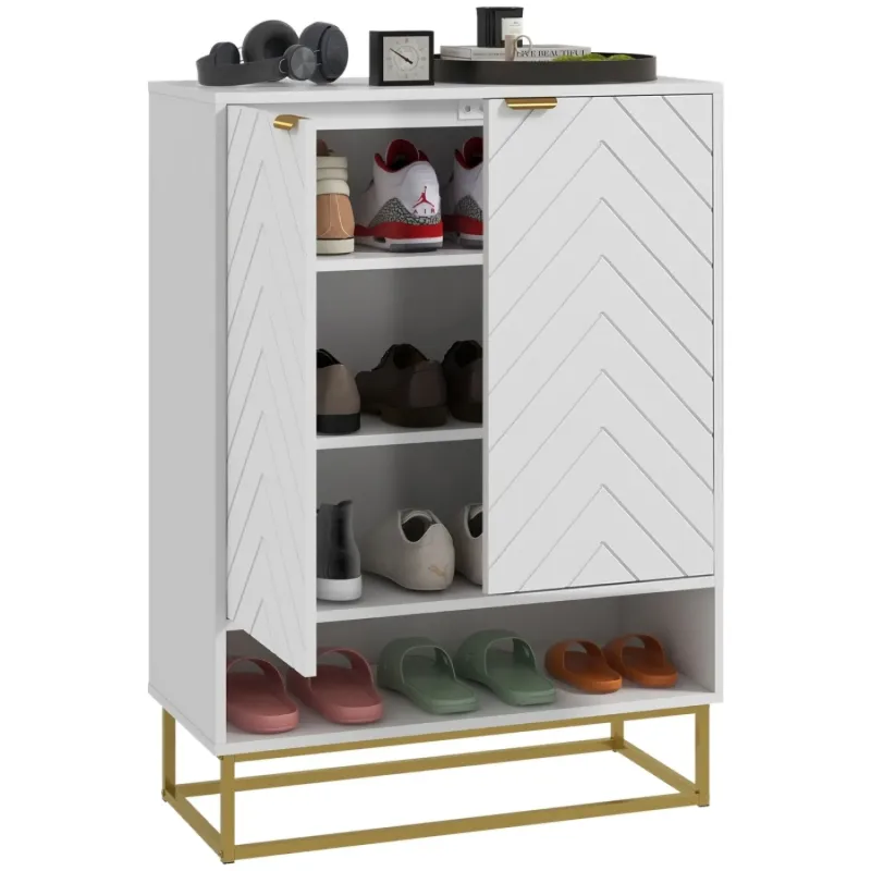 White Shoe Storage Cabinet with Chevron Pattern Doors - 12 Pair Capacity