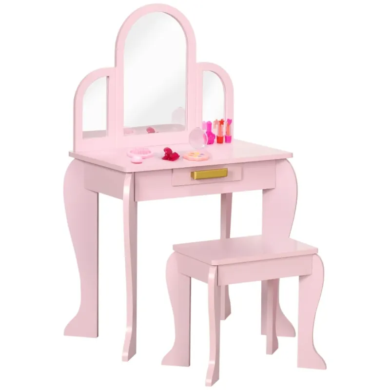 Kids Dressing Table and Stool Set with Drawer - Pink
