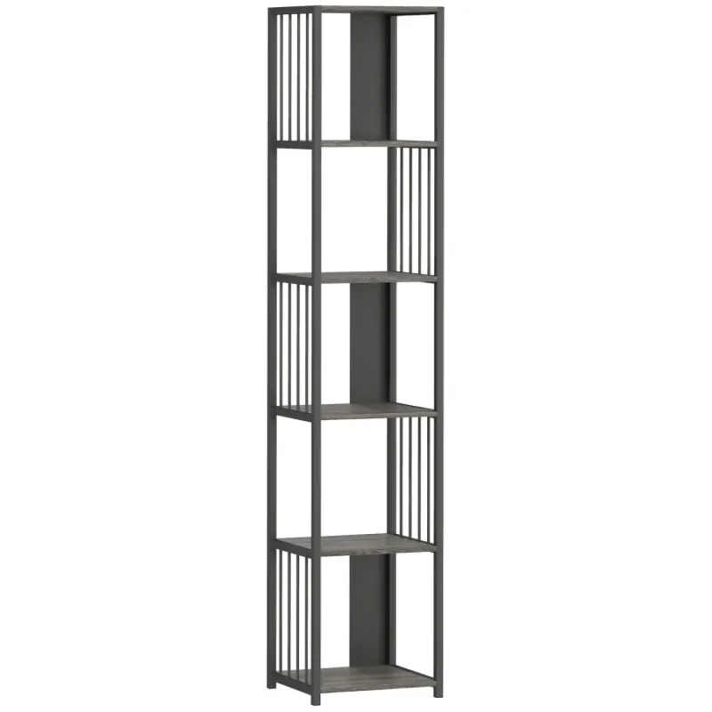 5-Tier Slim Bookshelf with Wood-Effect Shelves and Steel Frame - Grey