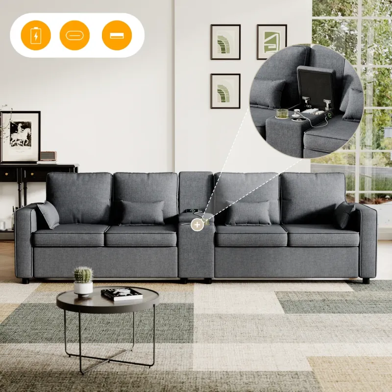 4-Seater Grey Linen Sofa with Storage Console, Cup Holders and Charging Ports