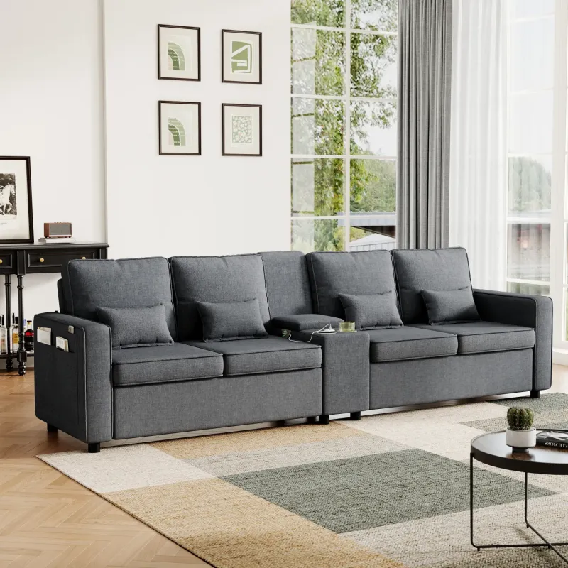 4-Seater Grey Linen Sofa with Storage Console and USB Charging Ports