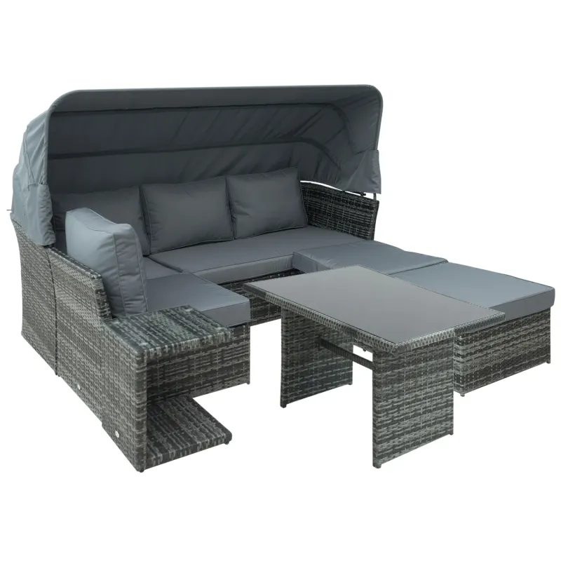  5-Piece Rattan Garden Furniture Set with Retractable Canopy, Reclining Sofa and Dining Table - Mixed Grey