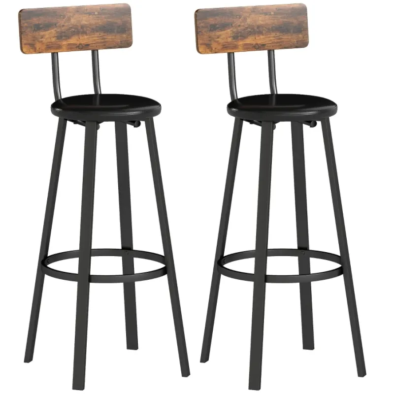  Set of 2 Industrial Bar Stools with Padded Faux Leather Seats and Backrests - Brown and Black