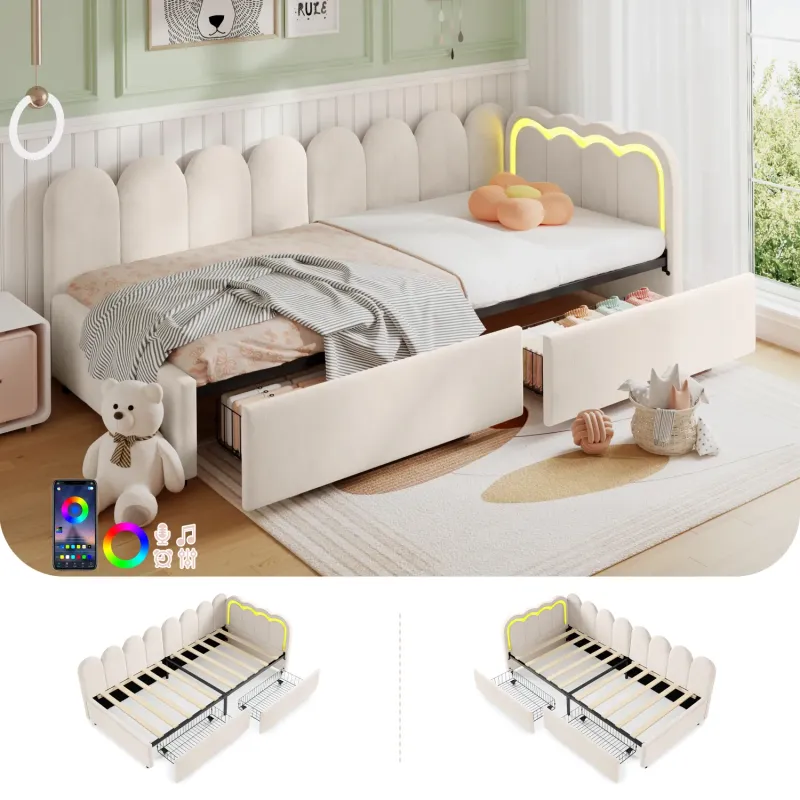 Velvet Daybed, Single, in Beige, with Smart RGB LED Lights and Storage Drawers