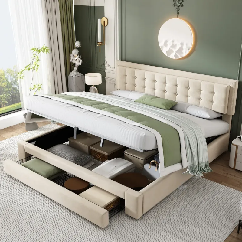 Velvet Upholstered Ottoman Storage Bed, King Size - Cream