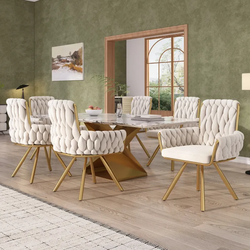 Set of 6 Velvet Swivel Dining Chairs, Beige