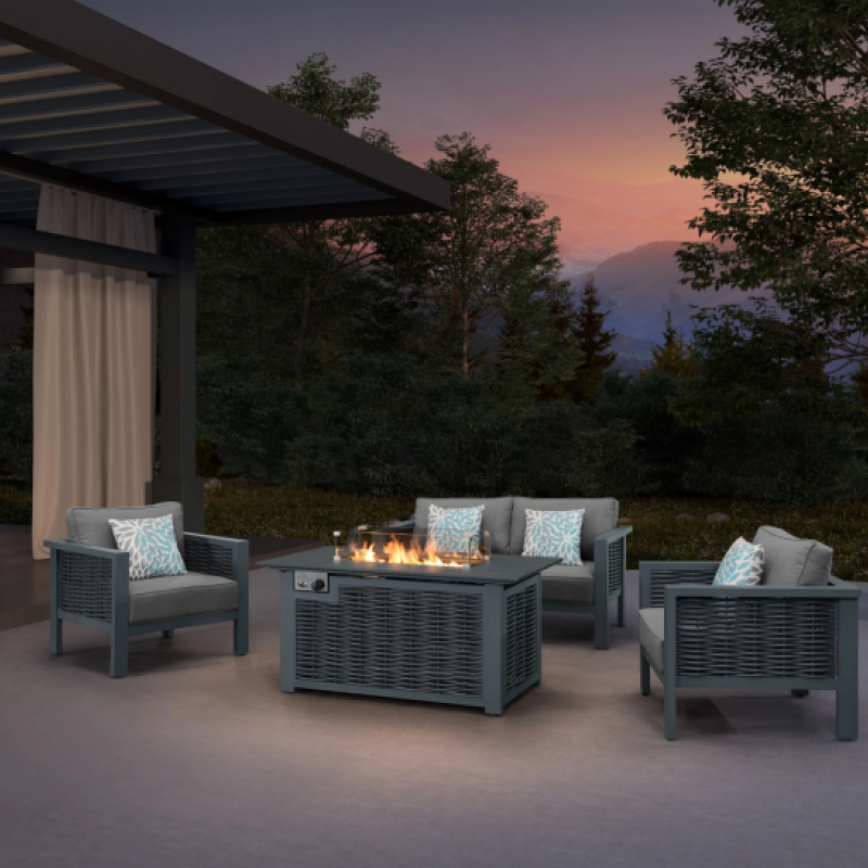 4 Seater Rattan Garden Fire Pit Sofa Set in Dim Grey