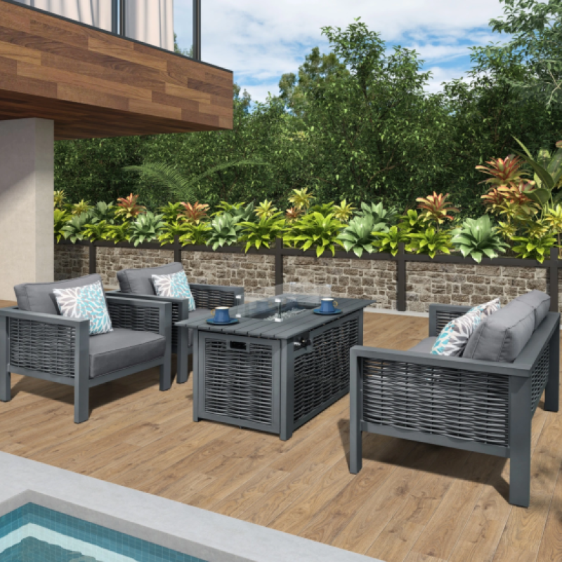 Dallas 4 Seater Rattan Garden Fire Pit Sofa Set – Dim Grey