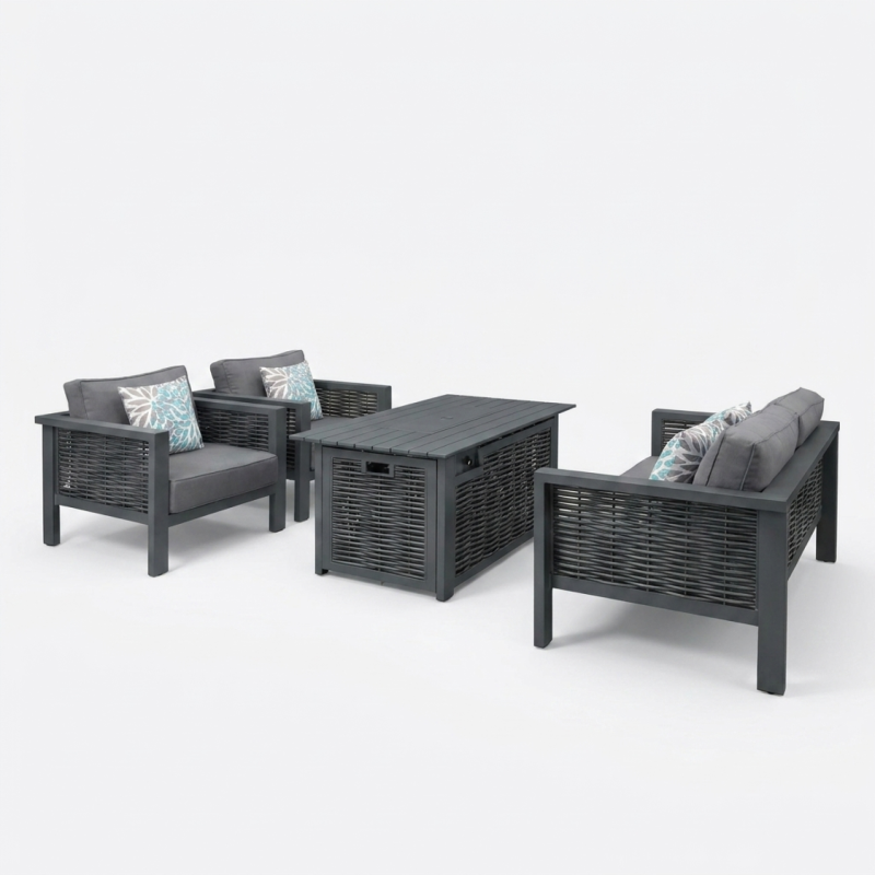 Dallas 4 Seater Rattan Garden Fire Pit Sofa Set – Dim Grey
