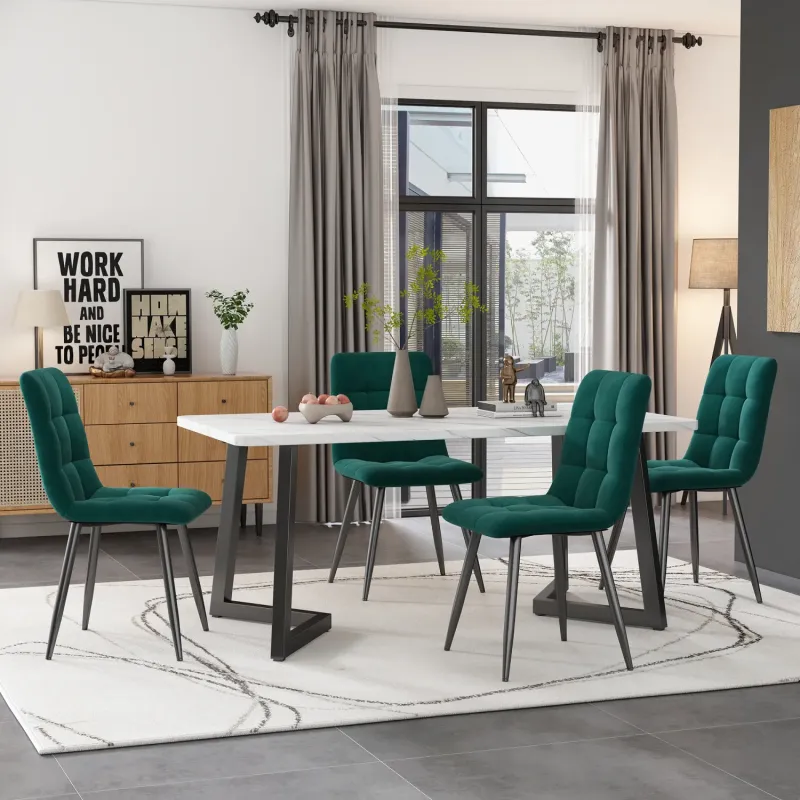 117cm Marble Effect Dining Table and 4 Dark Green Velvet Chairs Set