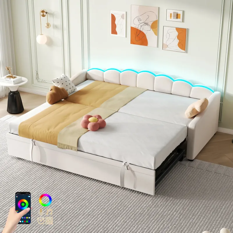 Beige Velvet Single Daybed with Pull-Out Trundle and App-Controlled RGB LED Lighting