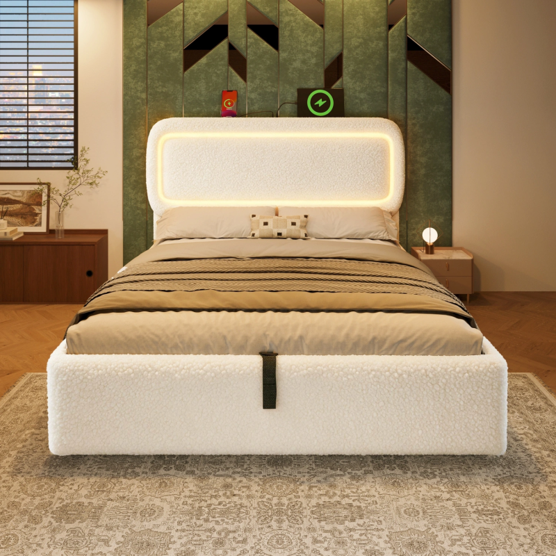 4ft 6in Double Boucle Ottoman Storage Bed with LED Headboard and Charging Station - Beige