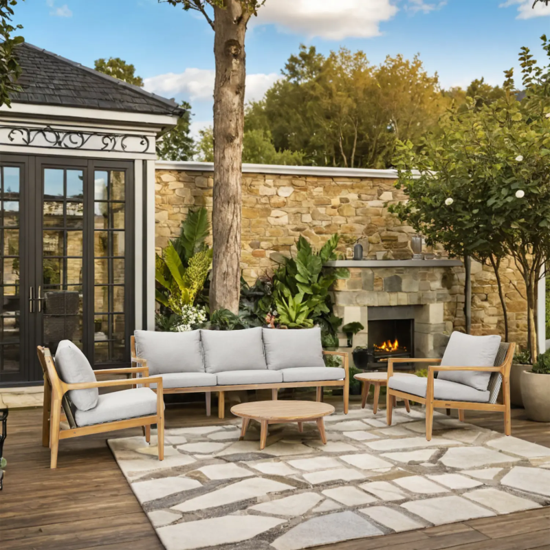 Solara 5-Seater Solid Wood Garden Lounge Set with Rope Detail - Grey