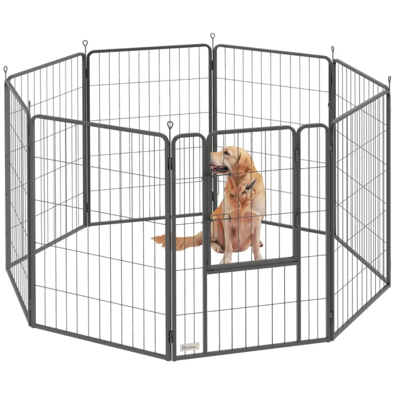 Eight-Panel Heavy Duty Steel Dog Playpen with Doors - 100cm Tall, Black