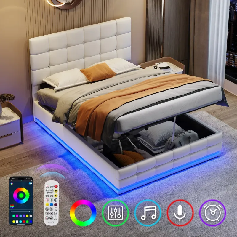 Cream White PU Leather Ottoman Double Bed with RGB LED Lighting