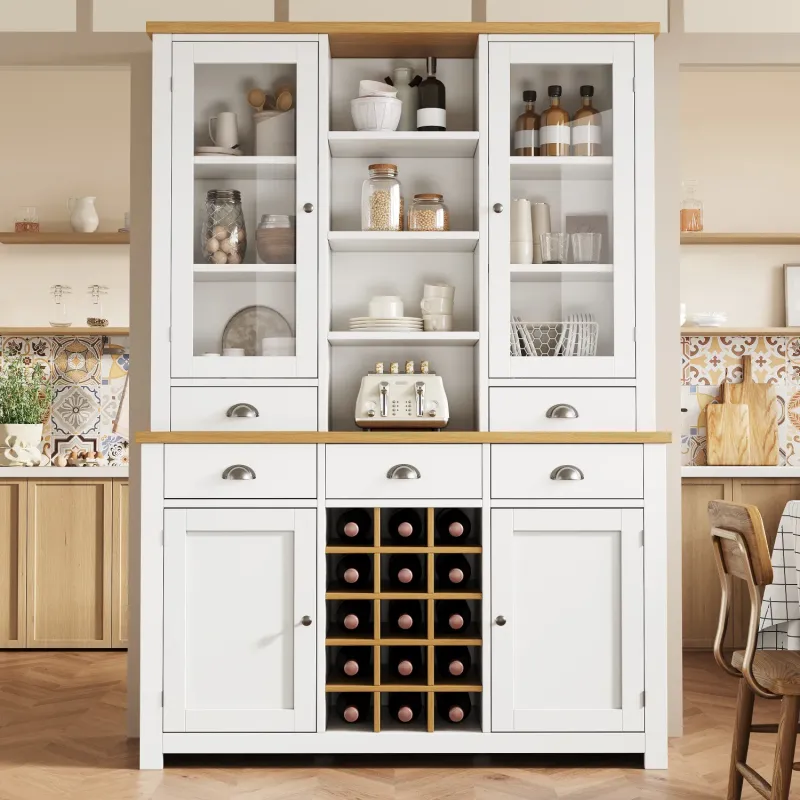 Kitchen Larder Cupboard with 16-Bottle Wine Rack and 5 Drawers, 185cm Tall - White