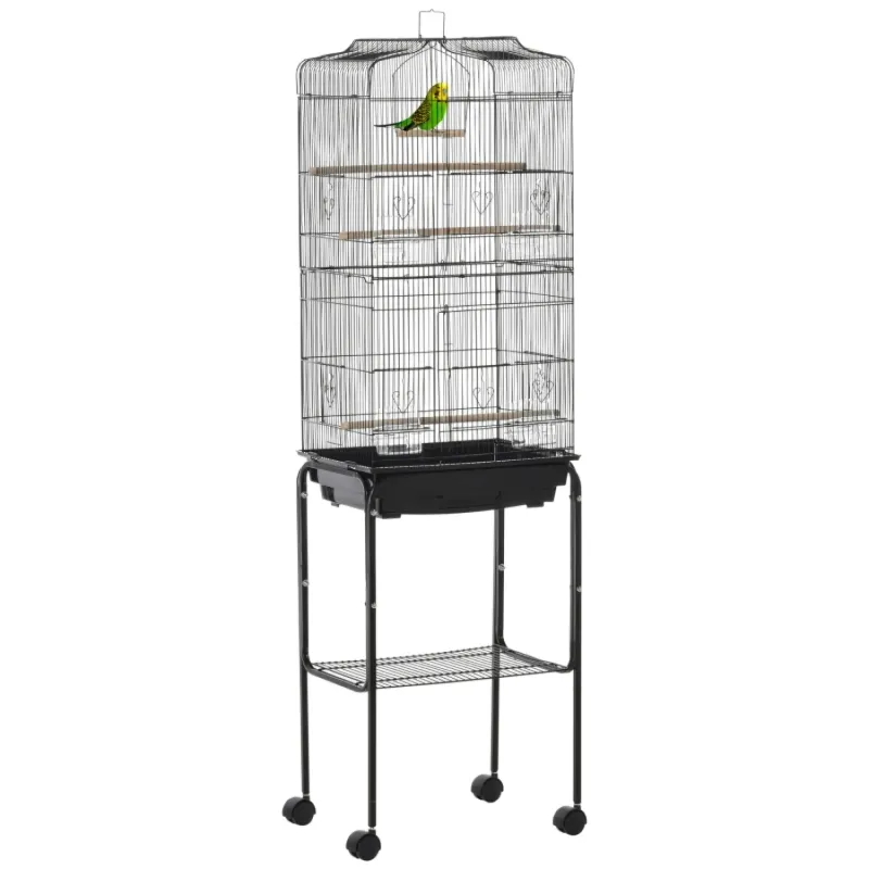 Large Metal Bird Cage with Stand and Storage Shelf - Black