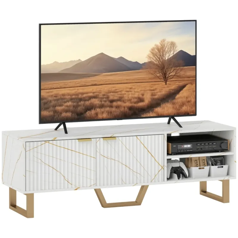 Marble Effect TV Unit, 140cm, in White, with Fluted Doors and Cable Management