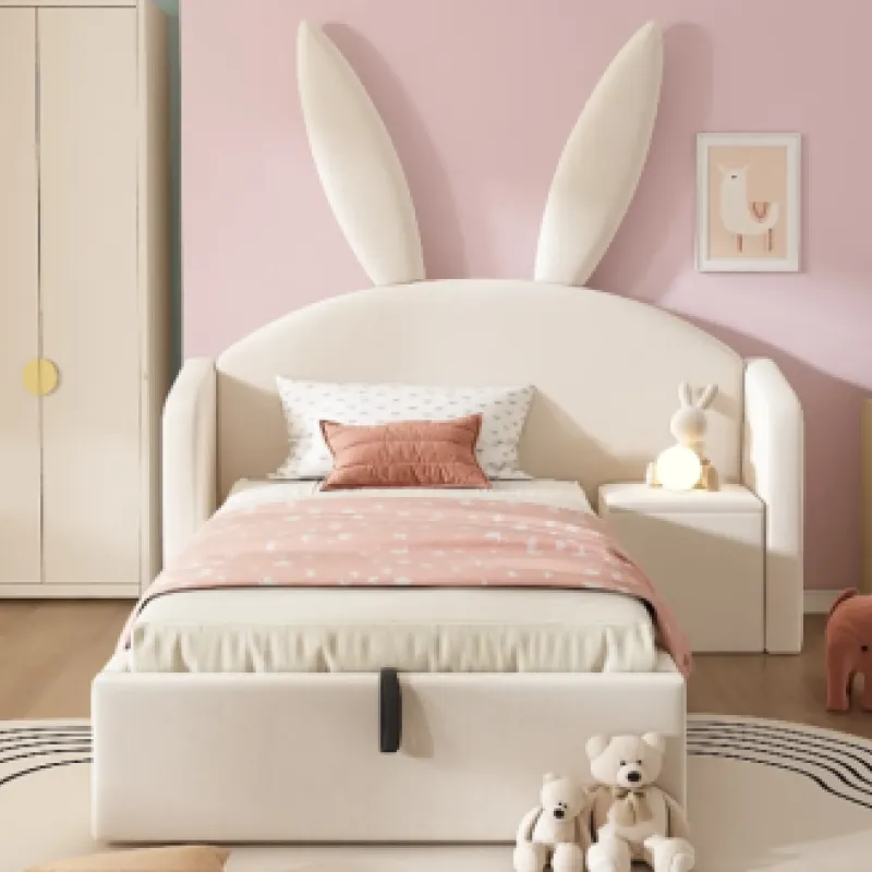 Bunny Ears Upholstered Single Storage Bed with Nightstand, Beige