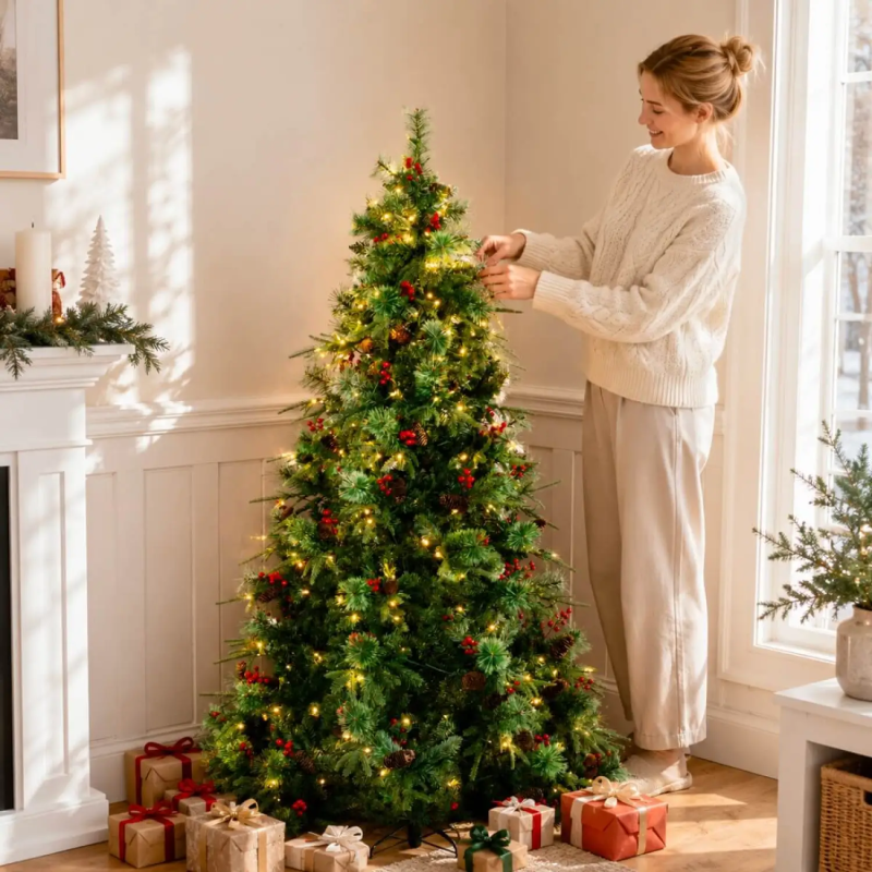 5ft Pre-Lit Artificial Christmas Tree with Pine Cones & Red Berries