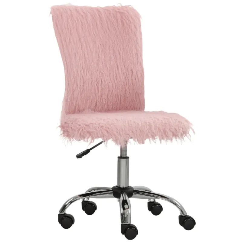 Pink Plush Swivel Desk Chair - Armless Vanity Chair with Adjustable Height