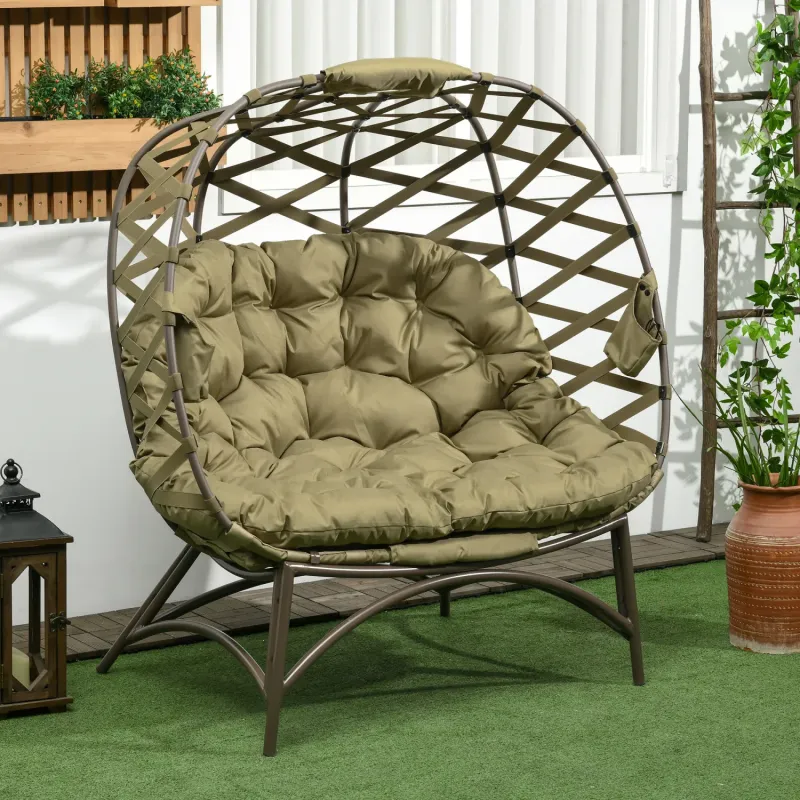  2-Seater Folding Garden Egg Chair with Cushions and Cup Holders - Khaki