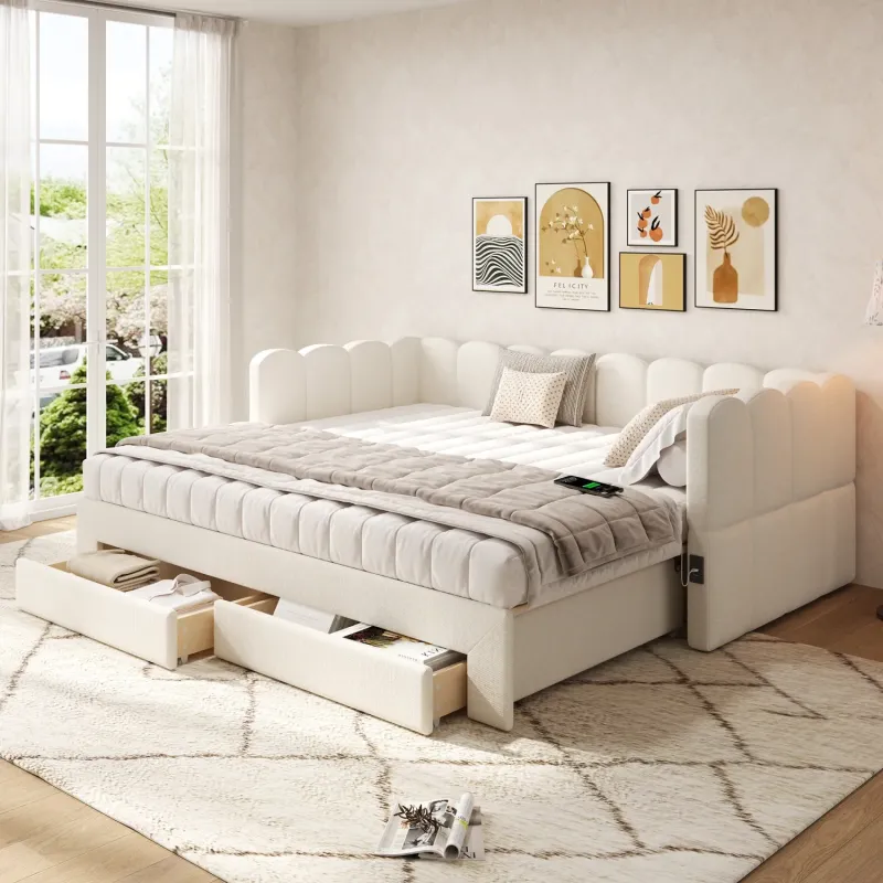 Linen Upholstered Pull-Out Daybed, 90x190cm, in Beige, with 2 Drawers and USB Charging