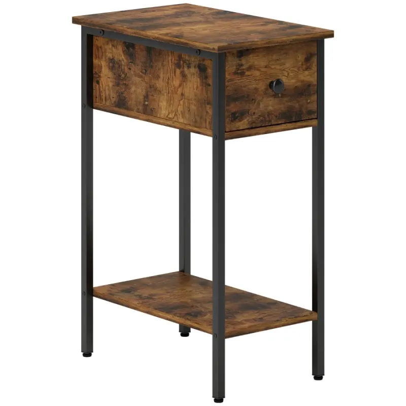 Slim Industrial Side Table with Drawer and Storage Shelf - Rustic Brown