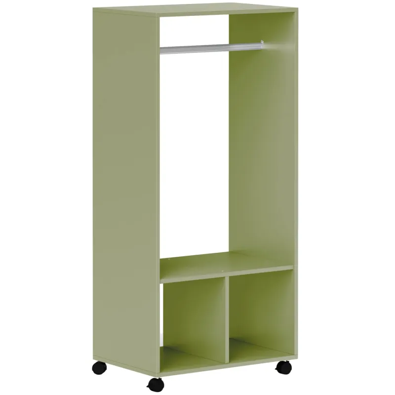 Open Wardrobe on Wheels with 2 Shelves and Hanging Rail - Green