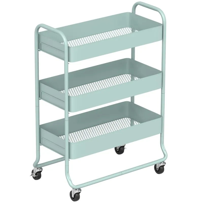  3-Tier Rolling Storage Trolley with Mesh Baskets - Light Green