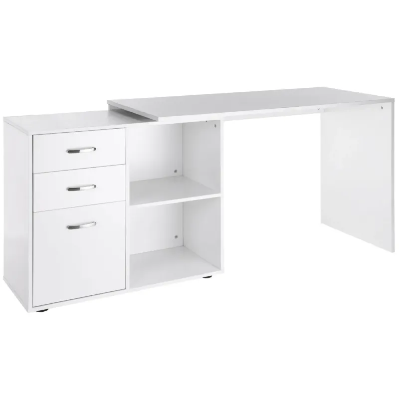 White Reversible L-Shaped Computer Desk with Drawers and Storage Cabinet