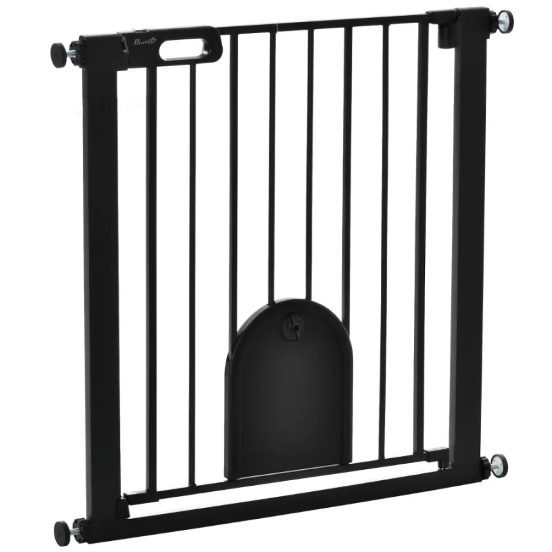 Dog Safety Gate with Cat Flap, Pressure Fit 75-82cm - Black