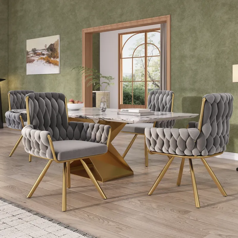 Set of 4 Velvet Swivel Dining Chairs with Armrests - Grey